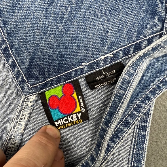 Mickey Mouse Denim Overall Bib Shorts Sz L USA Theme Blue Big Mickey Graphic - Picture 3 of 16